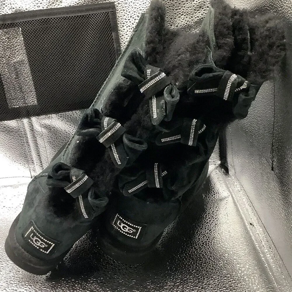 UGG Amelie 1008148 Swarovski Crystal Triple Bow Tall Boots Black Womens 7 Rare